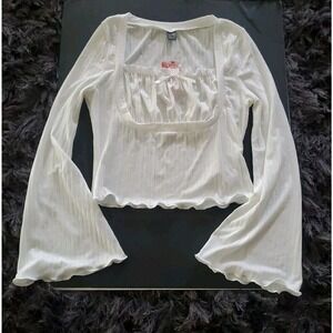 Shein LG White Stretchy Long Bell Sleeve Pleated Bodice Feminine Romantic Top